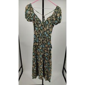 Lulus Women Meadow Muse Green Floral Tie-Back Puff Sleeve Midi Dress Multi S